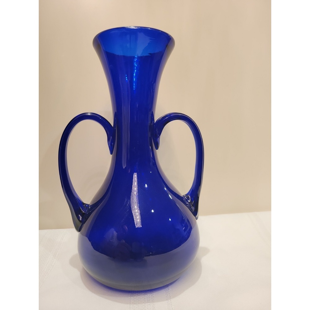 Vintage Cobalt Blue  Glass Vase with Reeded Handles 9 1/2" tall